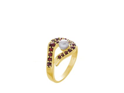 Stříbrný prsten s českým granátem a perlou, zlacený - vlnka
