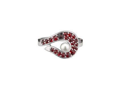 Stříbrný prsten s českým granátem a perlou, rhodiovaný - vlnka