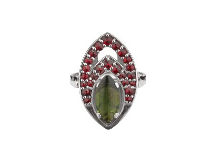 Stříbrný prsten s českým granátem a vltavínem, rhodiovaný - ovál