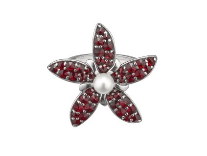 Stříbrný prsten s českým granátem a perlou, rhodiovaný - květina