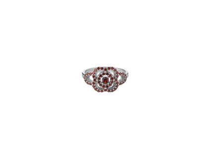 Stříbrný prsten s českým granátem, rhodiovaný - květina