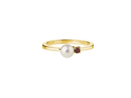 Stříbrný prsten s českým granátem a perlou, zlacený