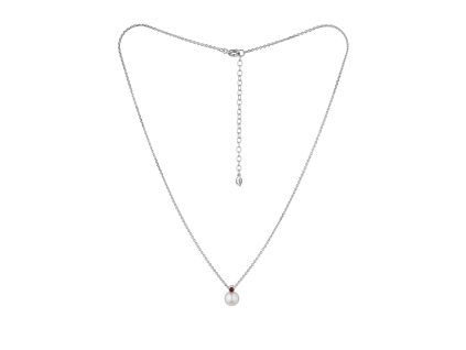 Stříbrný náhrdelník s českým granátem a perlou, rhodiovaný