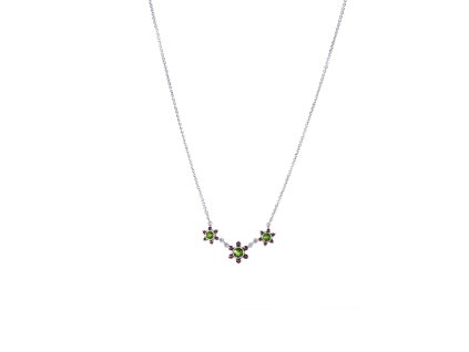 Stříbrný náhrdelník s českým granátem a vltavínem, rhodiovaný - květina