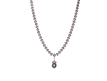 Stříbrný náhrdelník s českým granátem a vltavínem, rhodiovaný - ovál