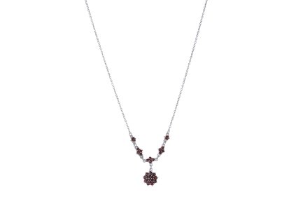 Stříbrný náhrdelník s českým granátem, rhodiovaný - květina