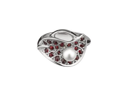 Stříbrný prsten s českým granátem a perlou, rhodiovaný - lístek